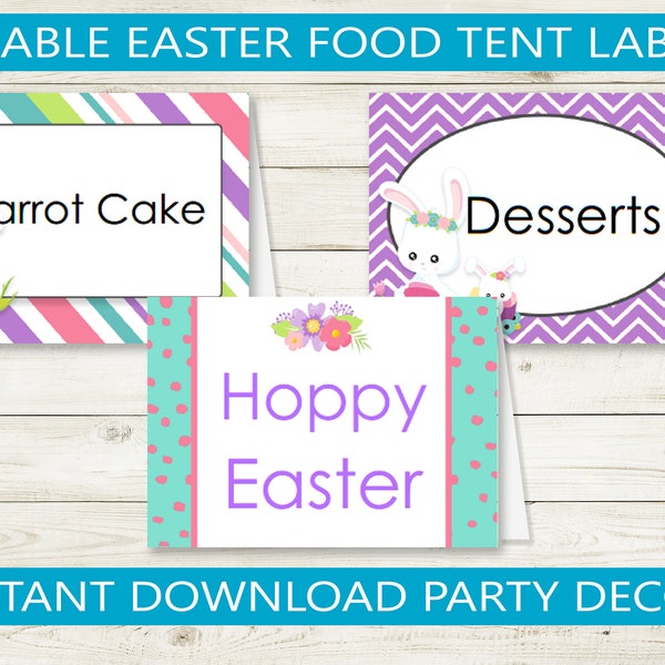 Editable Easter Tent Cards // Printable PDF, food labels, custom party decor, decorations, bunny holiday party you type text chevron stripes