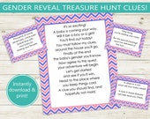 GENDER REVEAL printable treasure hunt clues // editable PDF, gender reveal game, rhyming clues boy or girl, prince or princess, baby chevron