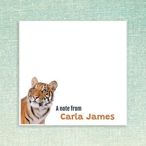 Personalized Sticky Notes with Custom Text and Tiger Design // 3x3 inch, 50 notes per pad, name gift idea customizable stationery, cat zoo
