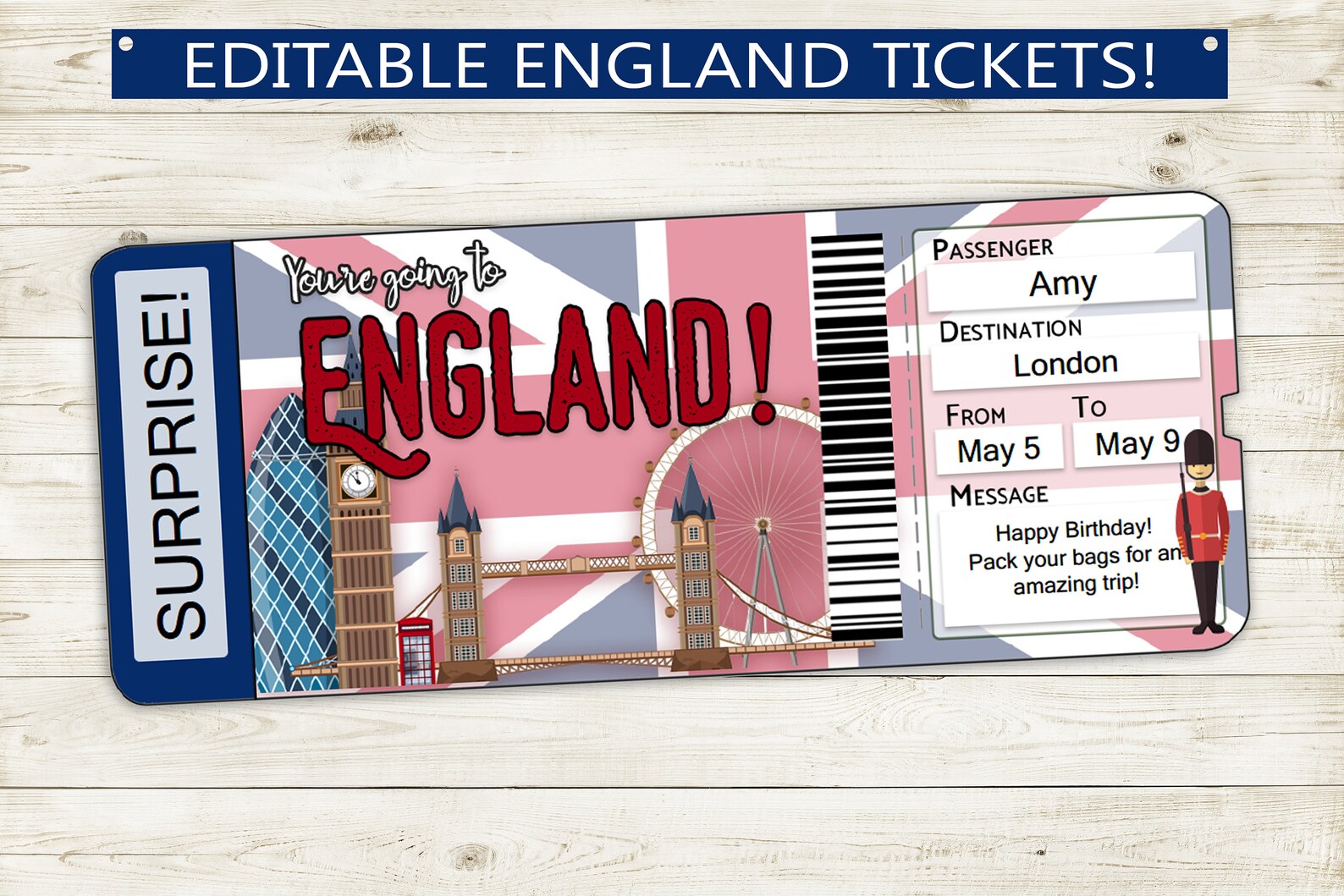 Custom Tickets to England // Printable Adobe Editable PDF // Etsy