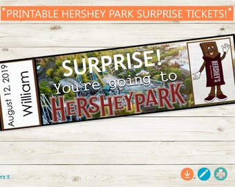 Printable and Editable Tickets to Hershey Park // Adobe editable PDF, trip reveal tickets, surprise, Pennsylvania vacation, custom gift idea