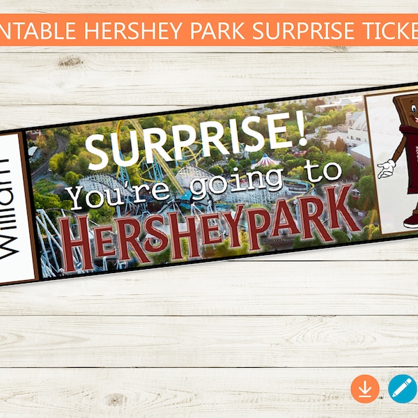 Printable and Editable Tickets to Hershey Park // Adobe editable PDF, trip reveal tickets, surprise, Pennsylvania vacation, custom gift idea