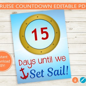 Op de afbeelding: Een afdrukbaar aftelbord voor een cruisevakantie. Het bord heeft een gouden patrijspoort met het rode nummer 15 erin. De tekst "Dagen tot we uitvaren!" staat onder de patrijspoort.