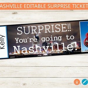 Op de afbeelding: Bewerkbaar printbaar ticket met een skyline van Nashville, Tennessee 's nachts. De tekst luidt "Verrassing&nbsp;! Je gaat naar Nashville&nbsp;!" met een Hard Rock Cafe gitaar-bord in de hoek.