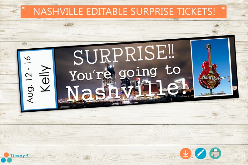 Op de afbeelding: Bewerkbaar printbaar ticket met een skyline van Nashville, Tennessee 's nachts. De tekst luidt "Verrassing&nbsp;! Je gaat naar Nashville&nbsp;!" met een Hard Rock Cafe gitaar-bord in de hoek.