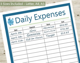 Daily Expense Spending Tracker Printable PDF - Instant Download Digital File, A4 A5 Letter, organizing, DIY, budget, income, finance, money