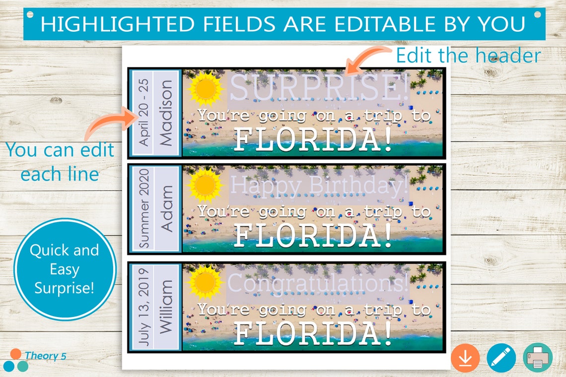 Printable SURPRISE Tickets to Florida // Adobe Editable PDF // Etsy