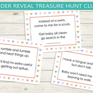 Gender reveal printable treasure hunt clues // editable PDF, gender reveal game, rhyming clues, boy or girl, prince or princess, baby games