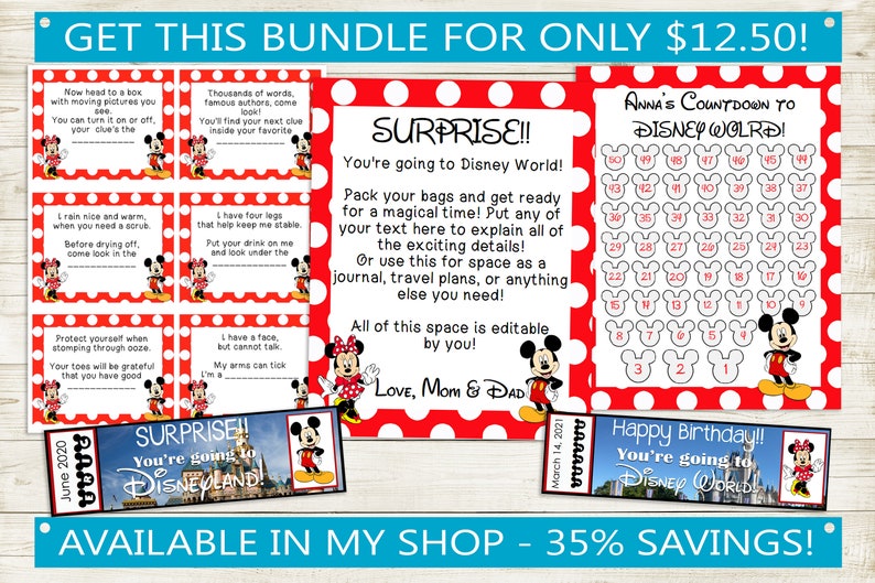 May include: A printable Disney World countdown calendar with a red and white polka dot background. The calendar features Mickey Mouse and the text "Anna's Countdown to Disney World!"  The calendar is designed to help count down the days until a trip to Disney World.