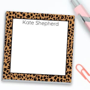 Personalized Sticky Notes with Custom Name and Cheetah Print Design // 3"x3", teacher gift idea appreciation stationery text paper leopard