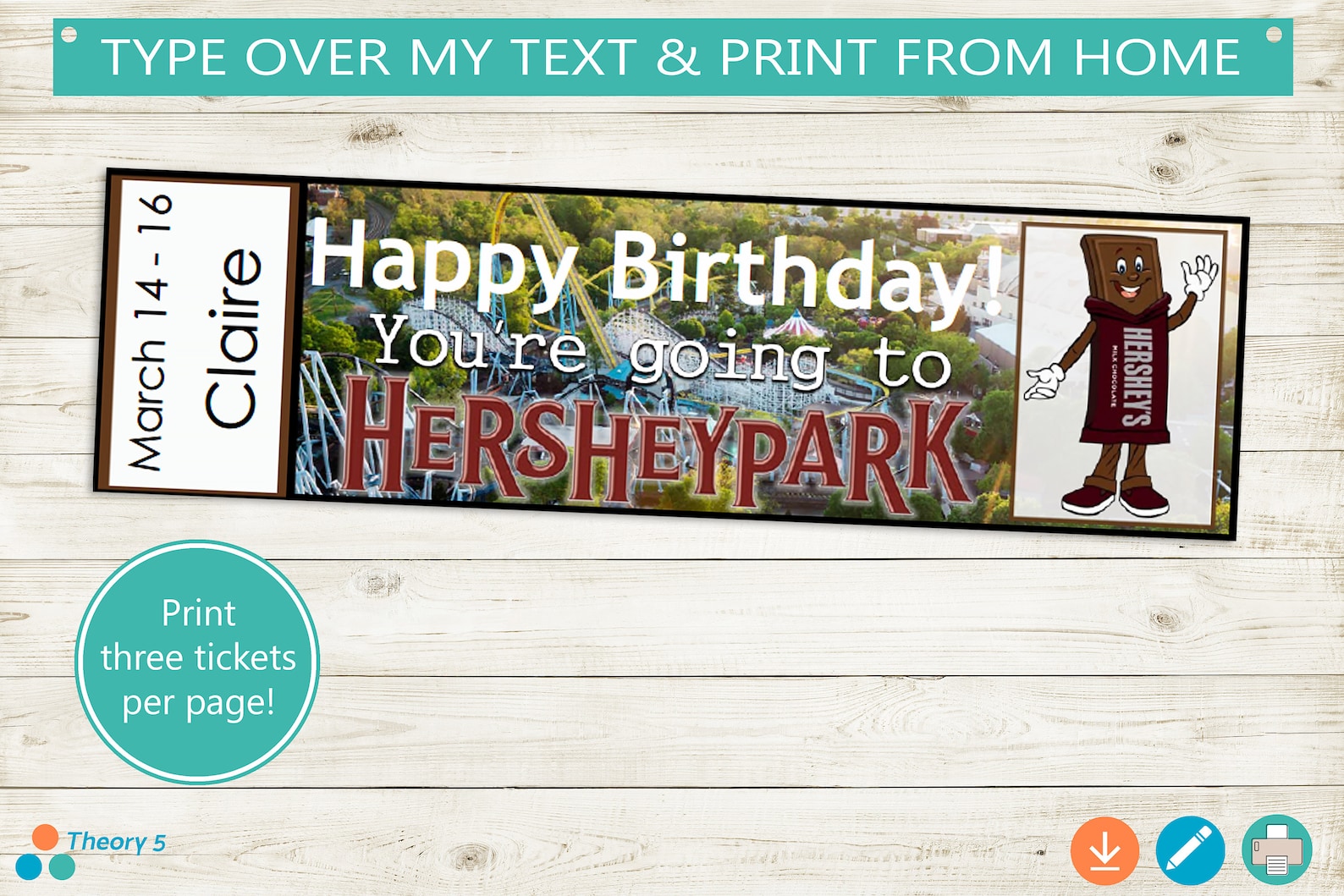 Printable and Editable Tickets to Hershey Park // Adobe | Etsy