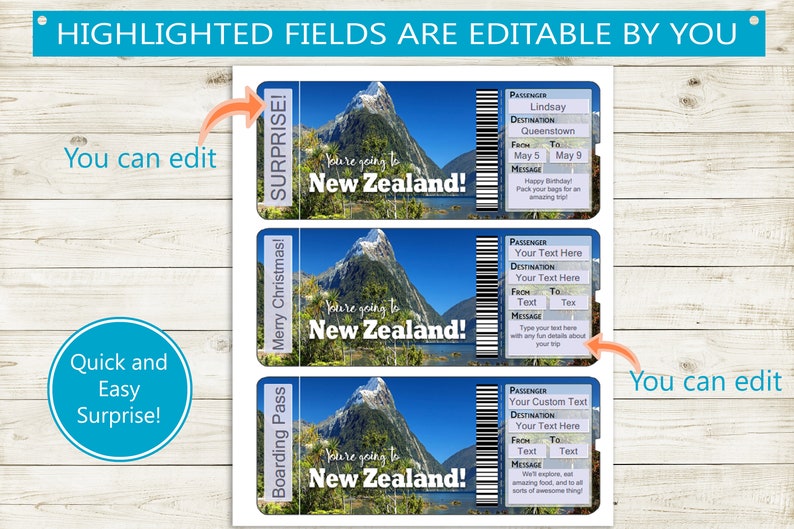 Custom Tickets to New Zealand // Printable Adobe Editable PDF Etsy