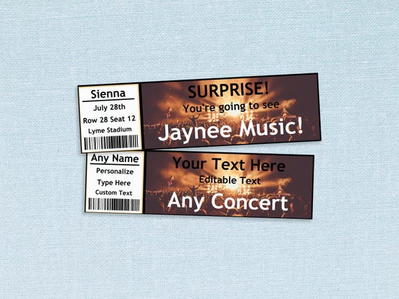 SURPRISE Concert Tickets // Adobe Reader Editable PDF // Instant Download, DIY, concert reveal, custom names, band, gift idea, template