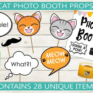 Cat Photo Booth Props // editable speech bubbles, printable props, instant download PDF file, cat birthday party, baby shower, kittens, DIY