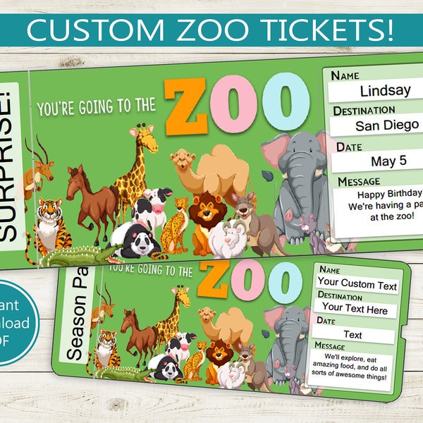 Custom Zoo Tickets // Printable Adobe Editable PDF // ready to print, digital fake voucher, surprise, invitation, trip to zoo, template kids