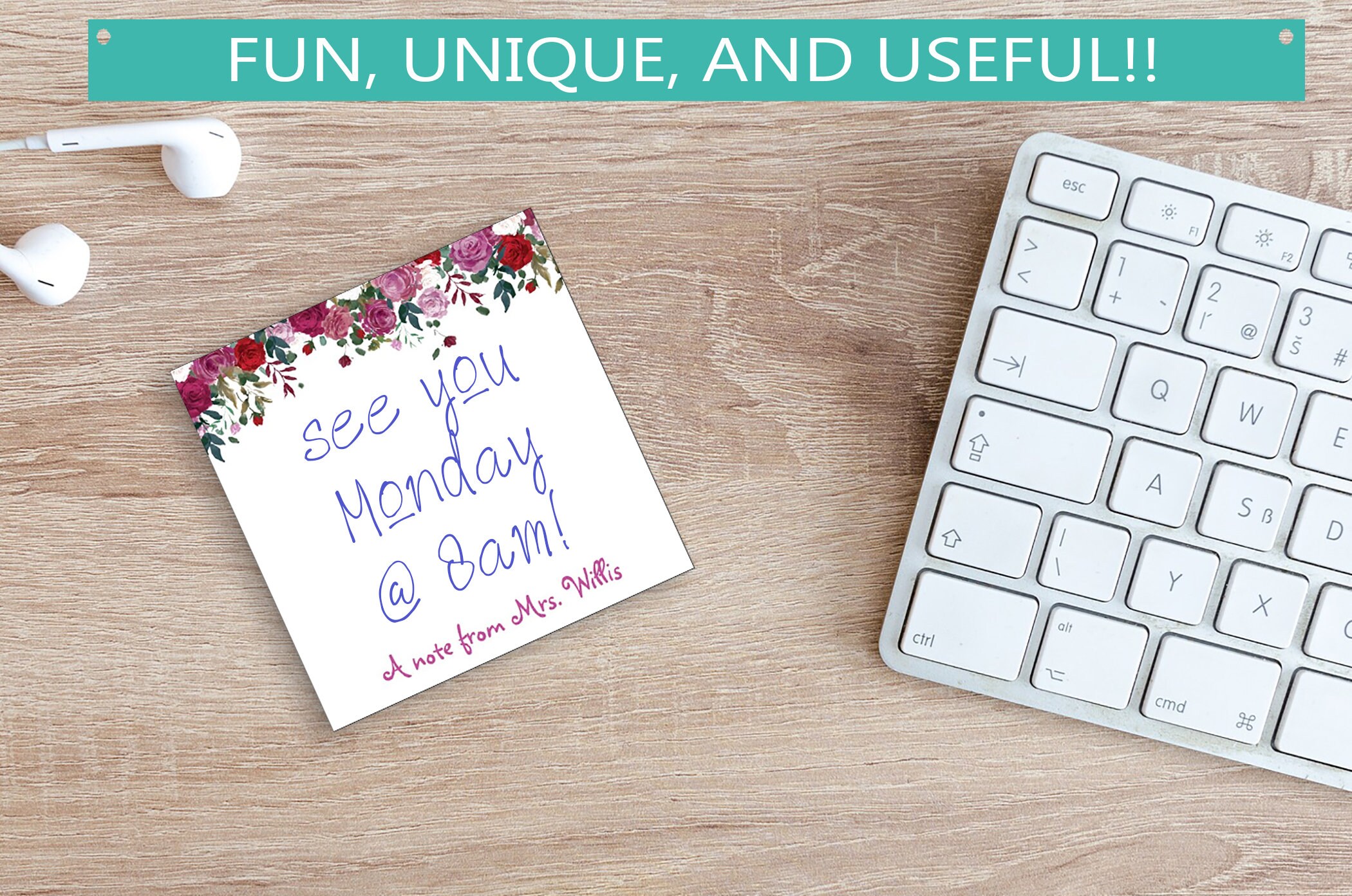Custom Sticky Notes // Beautiful Flower Design, Custom Text ...