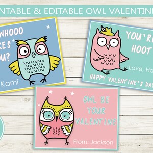 Editable & Printable Owl Valentine&#39;s Day Cards // Instant Download Editable PDF // Valentine Card DIY, Print from Home, kids valentine&#39;s,