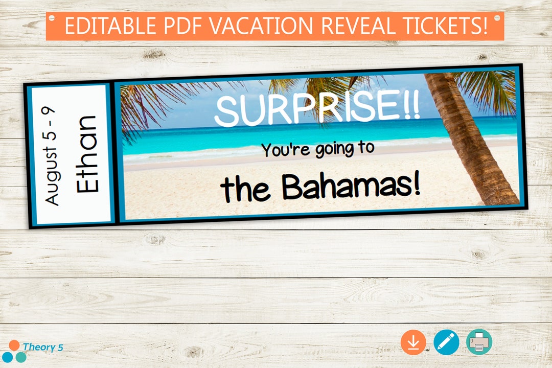Printable Surprise Vacation Trip Reveal Tickets // Adobe Editable PDF