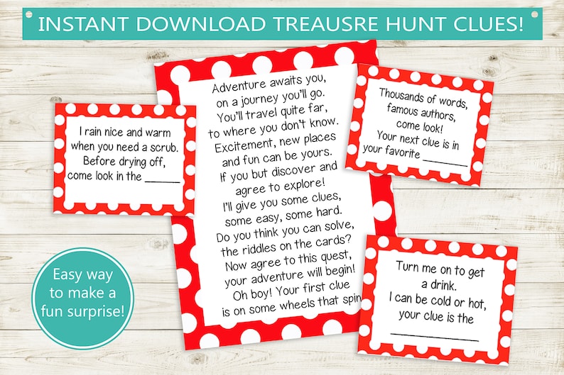 Printable Treasure Hunt Clues // immediate down load PDF, polka dot game titles, marvel scavenger hunt, occasion activity birthday pdf document, rhyming clues photo about Printable Scavenger Hunt identify Printable Treasure Hunt Clues // instantaneous down load PDF, polka dot online games, ponder scavenger hunt, celebration match birthday pdf report, rhyming clues