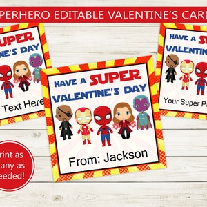 Super Valentinstagskarten // Sofortiger Download Valentine bearbeitbarer Name // Print from Home, Kids, printable, fun school cute hero Charaktere
