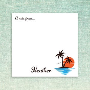 Personalized Sticky Notes with Custom Text and Tropical Design // 3x3 inch, 50 notes per pad, name gift idea, customizable stationery beach