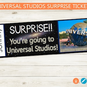Boletos de revelación de viaje sorpresa de Universal Studios // PDF editable en Adobe // sorpresa, vacaciones, Orlando, fiesta de bricolaje personalizada, idea de regalo, vacaciones