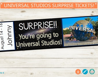 Universal Studios Surprise Trip Reveal Tickets // Adobe editable PDF // surprise, vacation, Orlando, custom DIY party, gift idea, vacation