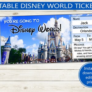 May include: Editable Disney World ticket template with a blue background and a picture of Cinderella's Castle. The text says "You're going to Disney World!" and includes a space for a name, destination, dates, and a message. The template also features a cartoon image of Mickey Mouse.