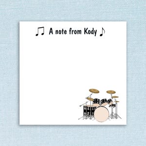 Personalized Sticky Notes Drum Set Design // 3x3 inch with 50 notes per pad // music teacher gift idea customizable paper stationery drummer