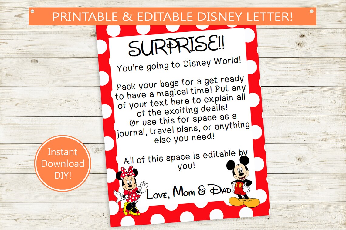 Disney Trip Reveal Letter // Adobe Editable PDF // Disney | Etsy