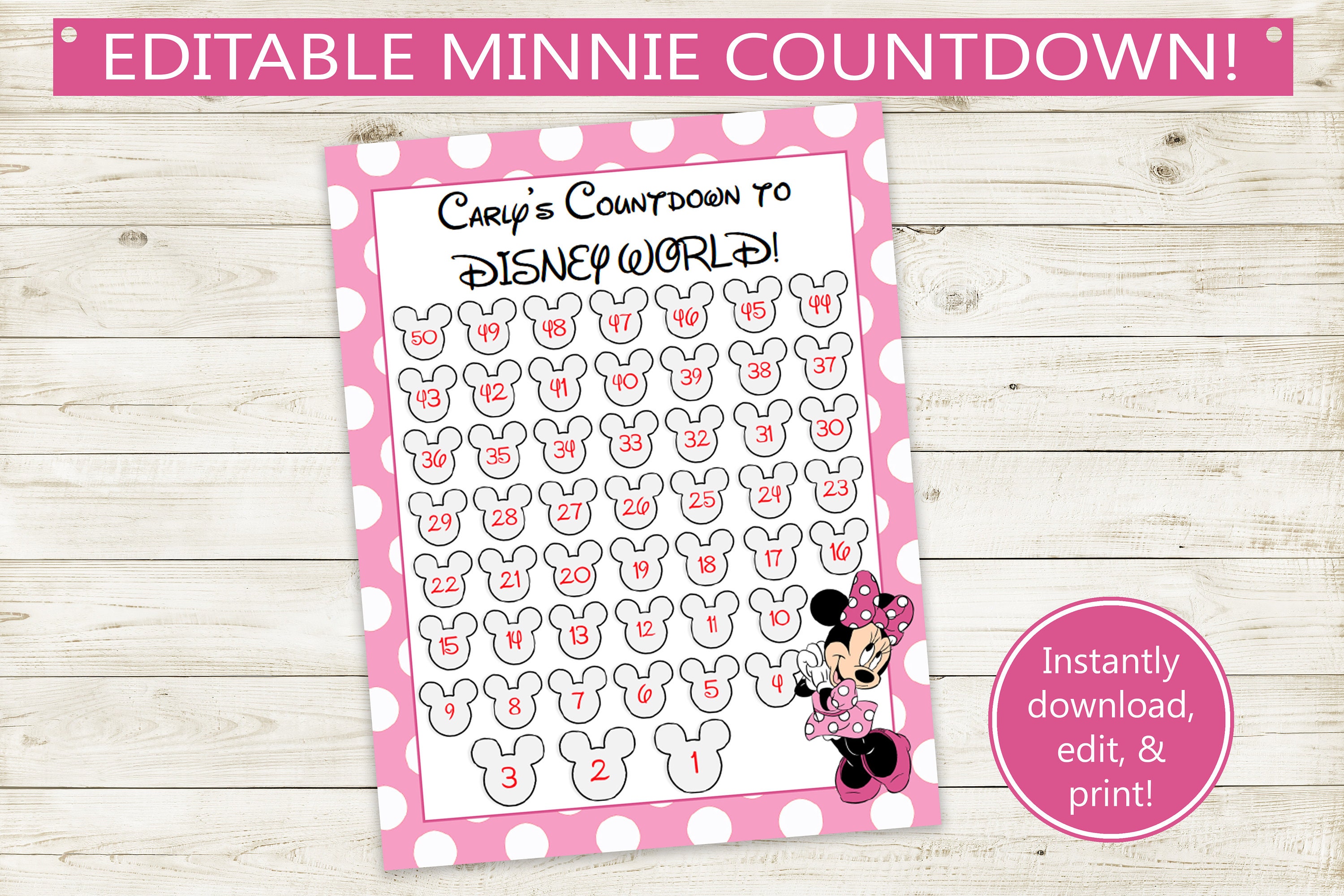 Vacation Countdown Editable PDF // custom name, 50 day countdown calendar, print from home, DIY, trip countdown, printable customizable