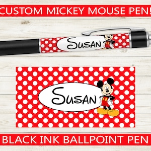 Custom Pen with Mouse Design // Personalized Black ink ballpoint pen // teacher appreciation gift idea, name present, polka dots red cute