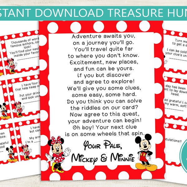 Printable Treasure Hunt Clues // instant download PDF, mouse, surprise scavenger hunt, party game birthday pdf file theme park polka dot