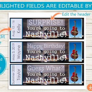 Op de afbeelding: Drie printbare cadeaulabels met een skyline van Nashville en een gitaar. De labels zijn aanpasbaar met een naam, datum en een bericht. De tekst op de labels luidt "Verrassing! Je gaat naar Nashville!", "Gefeliciteerd met je verjaardag! Je gaat naar Nashville!" en "Raad eens?! Je gaat naar Nashville!"