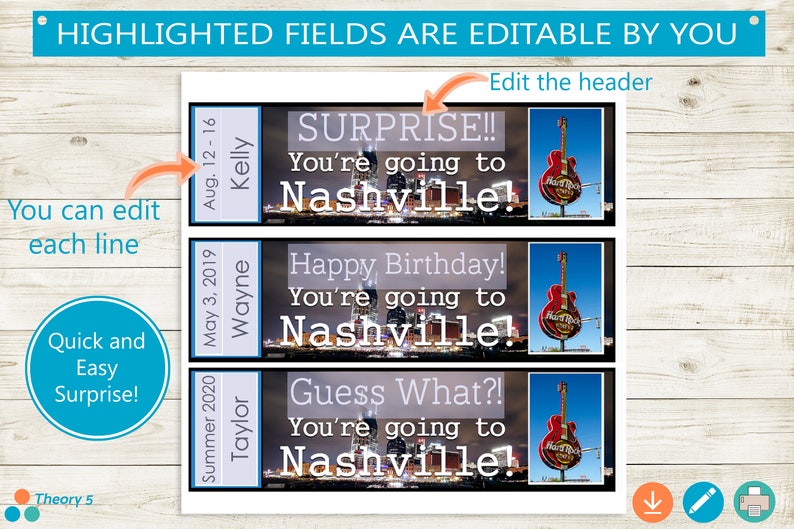Op de afbeelding: Drie printbare cadeaulabels met een skyline van Nashville en een gitaar. De labels zijn aanpasbaar met een naam, datum en een bericht. De tekst op de labels luidt "Verrassing! Je gaat naar Nashville!", "Gefeliciteerd met je verjaardag! Je gaat naar Nashville!" en "Raad eens?! Je gaat naar Nashville!"