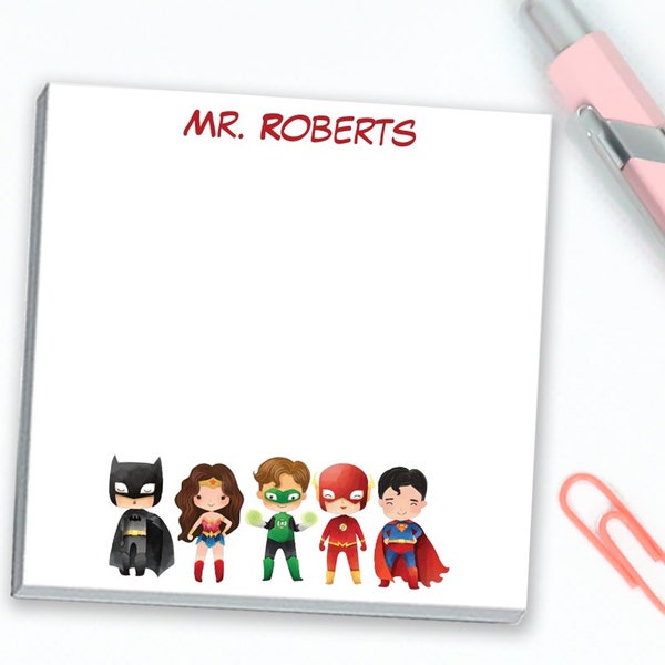 Sticky Note Superhero Design with Customization // 3"x3" Pads // personalized gift idea, teacher appreciation, stationery paper notes custom