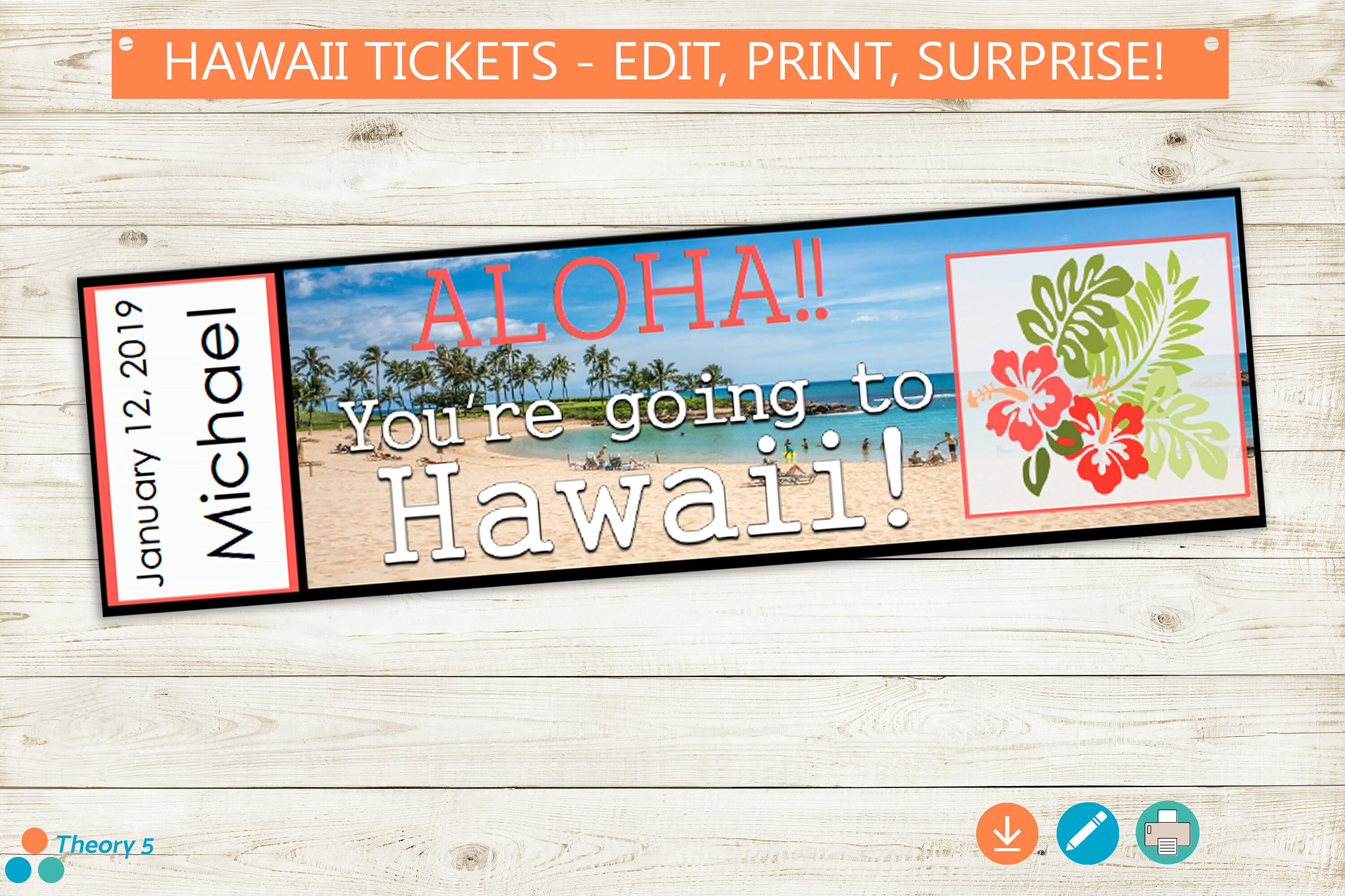 Printable SURPRISE Tickets to Hawaii // Adobe Editable PDF // Etsy