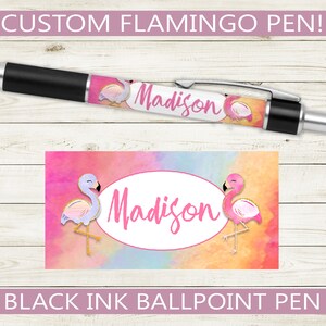 Personalized Flamingo Pen // Custom Name black ink ballpoint pen // teacher appreciation gift idea, name present, stationery useful kids fun