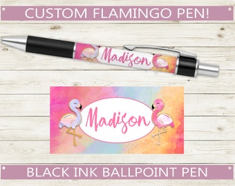 Personalized Flamingo Pen // Custom Name black ink ballpoint pen // teacher appreciation gift idea, name present, stationery useful kids fun