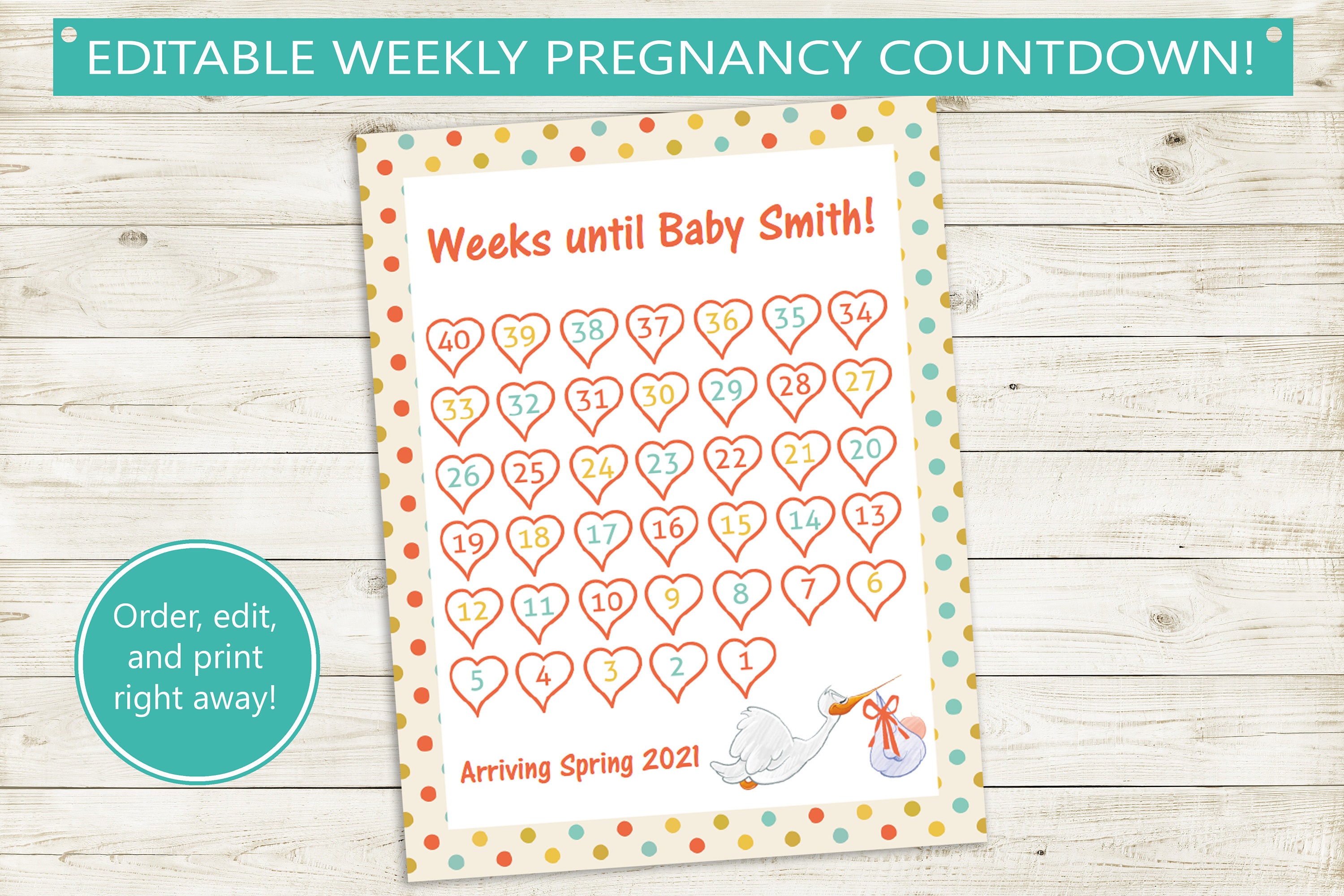 Printable Weekly Pregnancy Calendar // Editable PDF Countdown - Etsy Israel