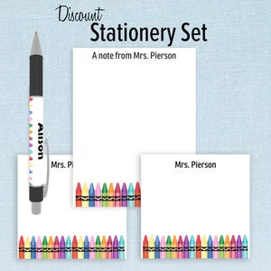 May include: A stationery set with a colorful crayon border, a pen with the name "Allison" on it, and two note cards. One note card says "A note from Mrs. Pierson" and the other says "Mrs. Pierson".