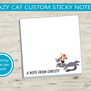 Lazy Cat Custom Sticky Notes // personalized gift idea stick notes stack of 50, stationery funny cat present teacher appreciation pizza