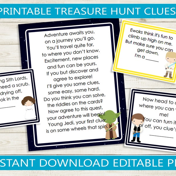 Printable Treasure Hunt Clues Space Wars // Editable PDF 12 Rhyming Clues // instant download party game birthday indoor game star movie