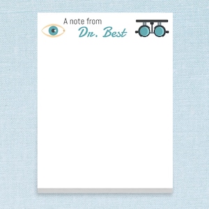 Personalized Notepad with Optometry Design and Custom Name // 50 sheets per pad, 4"x5.5" size custom text gift idea bulk stationery eye icon