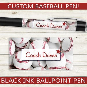 Custom Baseball Pen // Black ink ballpoint pen with personalized name and baseball design // gift idea, teacher appreciation coach sports