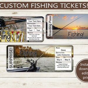 Custom Fishing Tickets // Printable Adobe Editable PDF // vacation reveal, trip surprise, customize, digital file, boarding pass, fisherman
