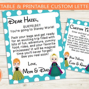 Carta de princesa de revelación de viaje imprimible y editable // PDF editable en Adobe // personaje divertido lindo, personalizado, carta imprimible, cumpleaños DIY
