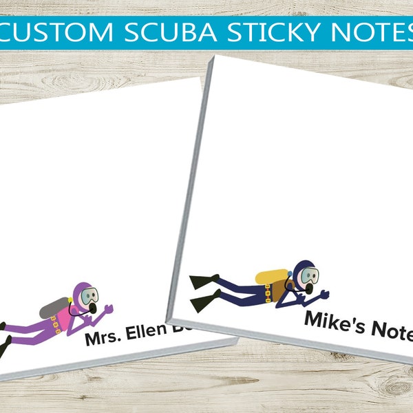 Custom Scuba Sticky Notes // personalized text // 50 stickies per pad 3x3 inch, design stationery gift idea scuba diver, snorkel, diver swim