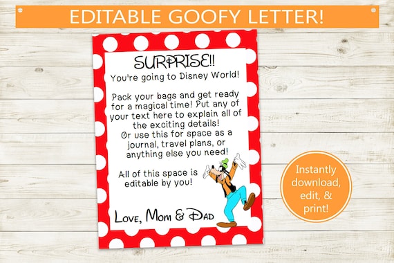 Printable and Editable Trip Reveal Disney Letter With Goofy // - Etsy
