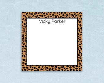 Personalized Sticky Notes with Custom Name and Cheetah Print Design // 3"x3", teacher gift idea appreciation stationery text paper leopard